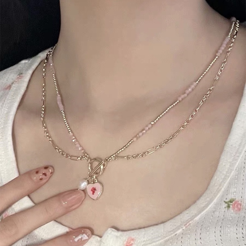 Kalung Rantai Dengan Liontin Hati / Bunga Peach Pink Ala Perancis Untuk Wanita