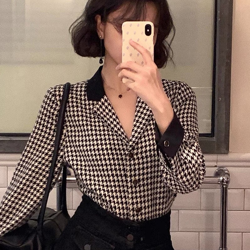 Suhao Hong Kong Chiffon Houndstooth Kemeja Wanita Lengan Panjang Atasan Kasual Prancis