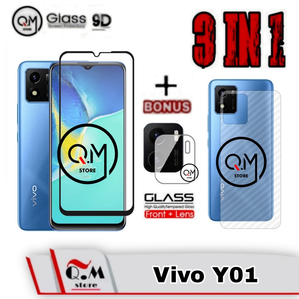 Paket 3 in1 Tempered Glass Layar Vivo Y01 Anti Gores  Screen Guard Free Camera &amp; Garskin