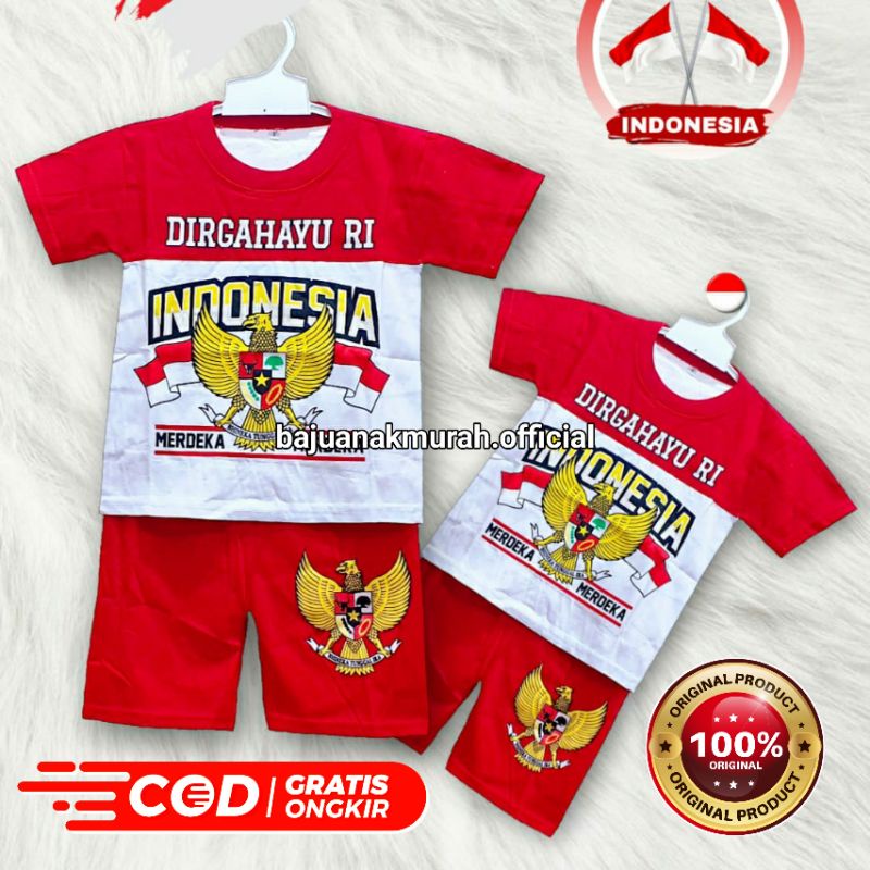 SETELAN KAOS ANAK MERAH PUTIH INDONESIA | SETELAN BAJU KAOS HUT RI LAKI LAKI PEREMPUAN | KAOS ANAK L