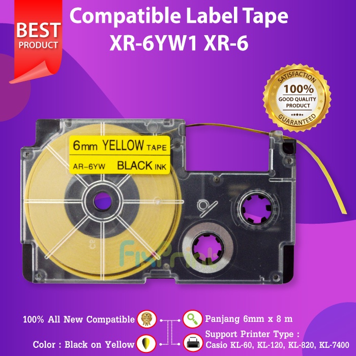 Compatible Label Tape Casette XR-6YW1 XR-6 Black On Yellow 6mm, Printer Casio KL-60 KL-120 KL-820 KL-7400