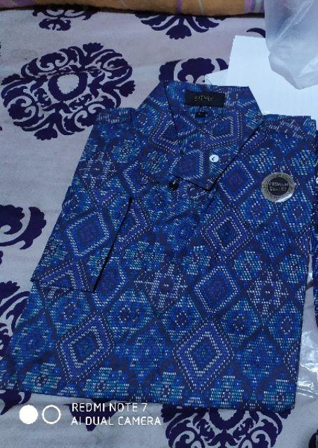 Baju Batik Kemeja Batik Lengan Panjang Pria Songket Diamond Biru Modern Slimfit Casual Blue