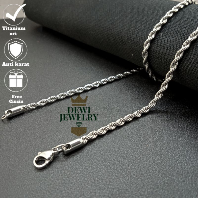 Kalung Titanium Asli Pria Wanita Model Tambang Silver Perak