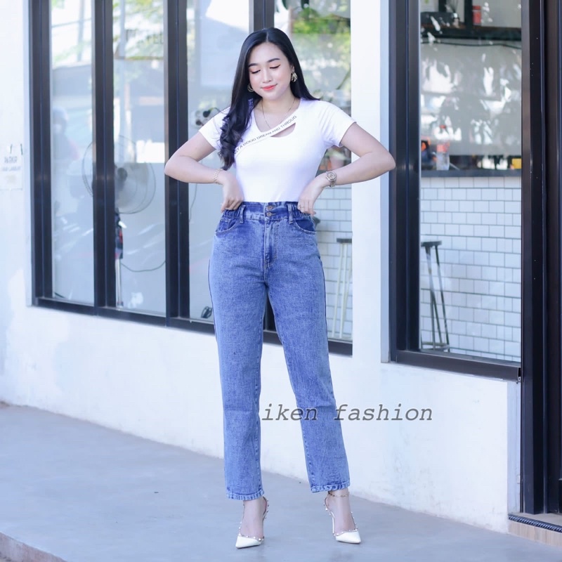 CELANA JEANS BOYFRIEND // Celana jeans BF highwaist pinggang karet kancing 2