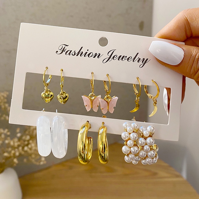 5pcs / Set Anting Hoop Liontin Kupu-Kupu Mutiara Untuk Aksesoris Perhiasan Wanita