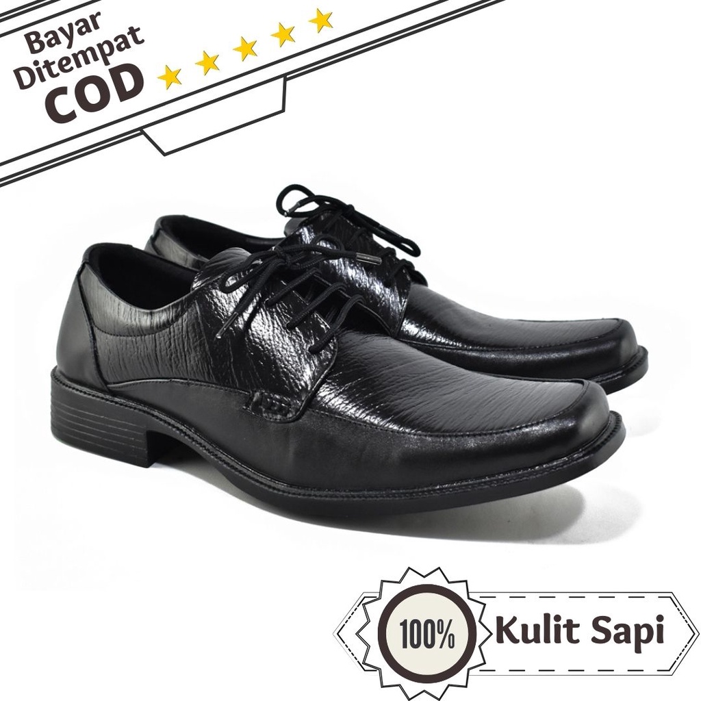 Sepatu Formal Pantofel Pria Hitam Tali Kerja Kantor Kuliah Fashion Original Kulit Asli Grutty Hitam