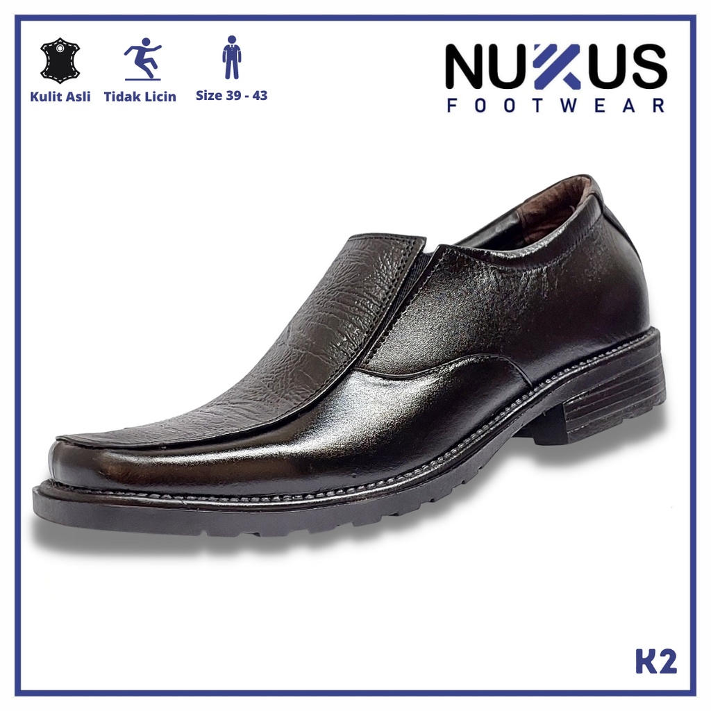 Nukus Sepatu Pantofel Pria Kerja Slip On Kulit Asli Hitam - K2