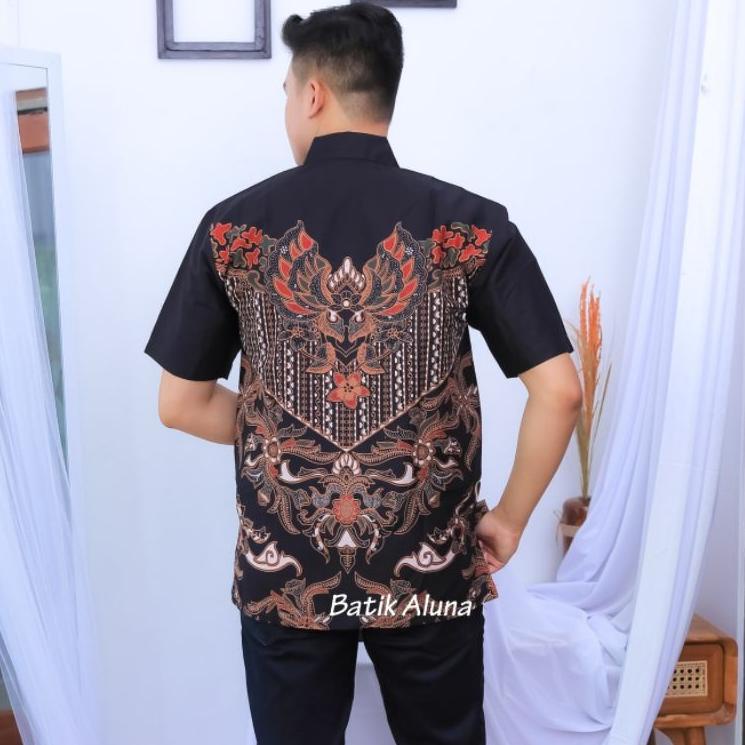 batik pria lengan pendek hitam mewah keren ekslusifsimpel batik aluna cowok laki laki batik solo bat