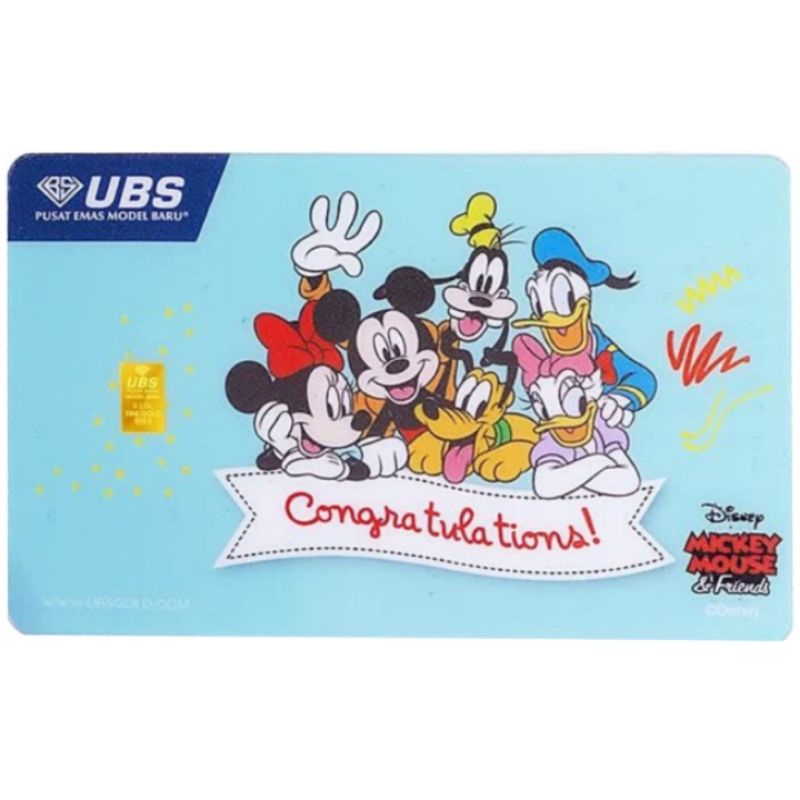 UBS Gift Series 0.1 gr Fine Gold 999.9 % Congratulations Disney MICKEY MOUSE & Friends