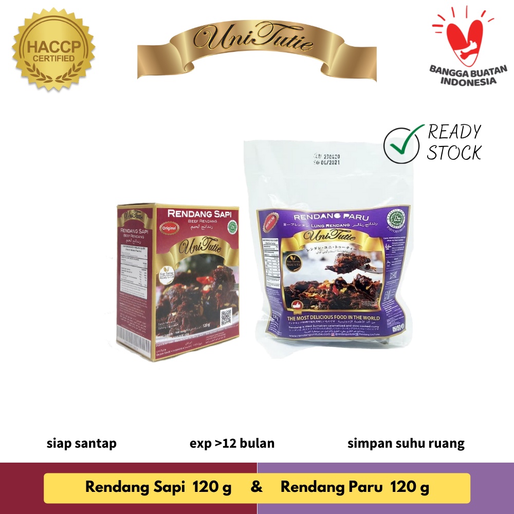 

UniTutie Paket Hemat Daging Rendang Sapi 120g + Rendang Paru 120g Lauk Pauk Siap Saji Makanan Instan Kemasan Tahan Lama Asli Bukit Tinggi Padang