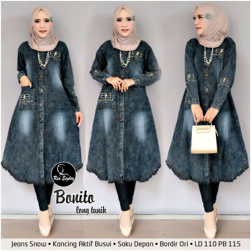 Bonito long tunik jeans snow kancing aktif busui friendly