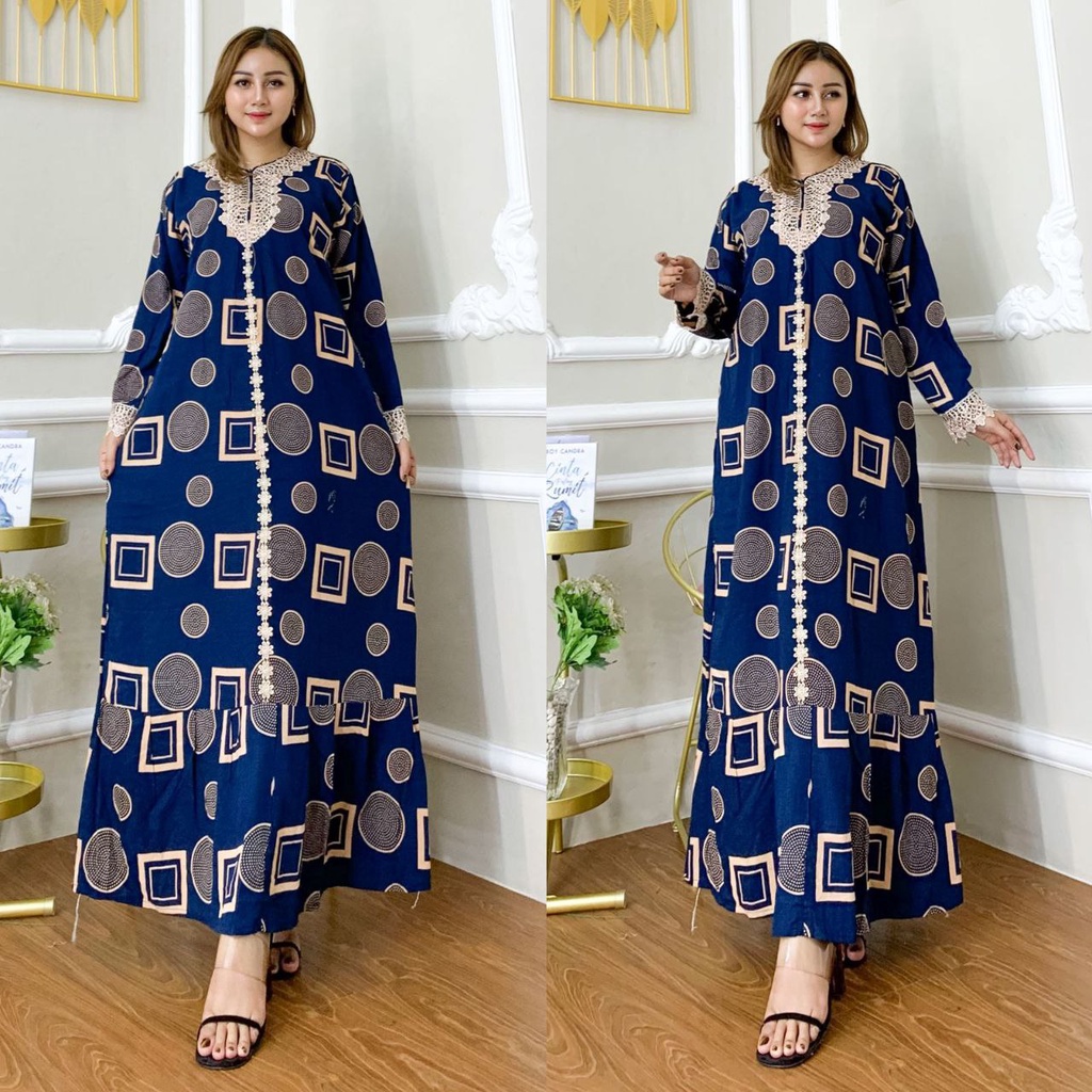 Gamis Terbaru Renda Wandha Hamidah Rayon Premium Dress Wanita Lengan Panjang Longdress Full Kancing LD 110  cm