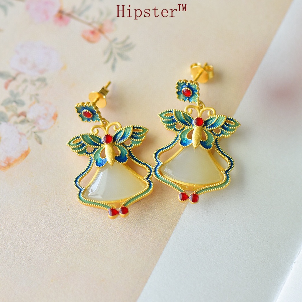 Butterfly Earrings Gold Inlaid Hetian Jade Necklace Women's Suit