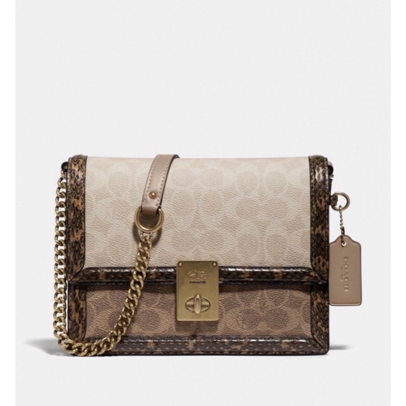 [ORIGINAL 100%] Coach Hutton Shoulder Bag In Blocked Signature Canvas With Snakeskin Details