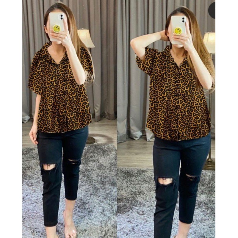 KEMEJA WANITA LEOPARD LENGAN PENDEK Fit 63kg XL