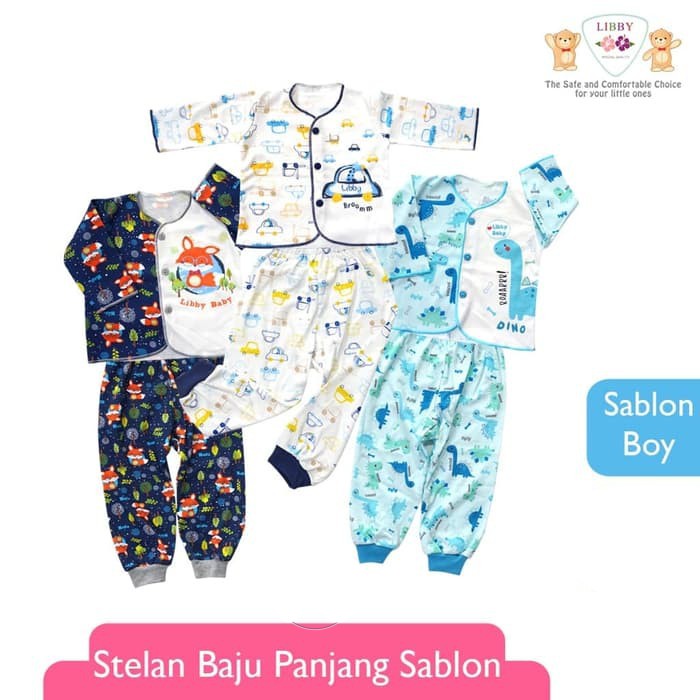 Setelan Baju Panjang dan Celana Panjang Bayi Motif Merk Libby Newborn 0-3m