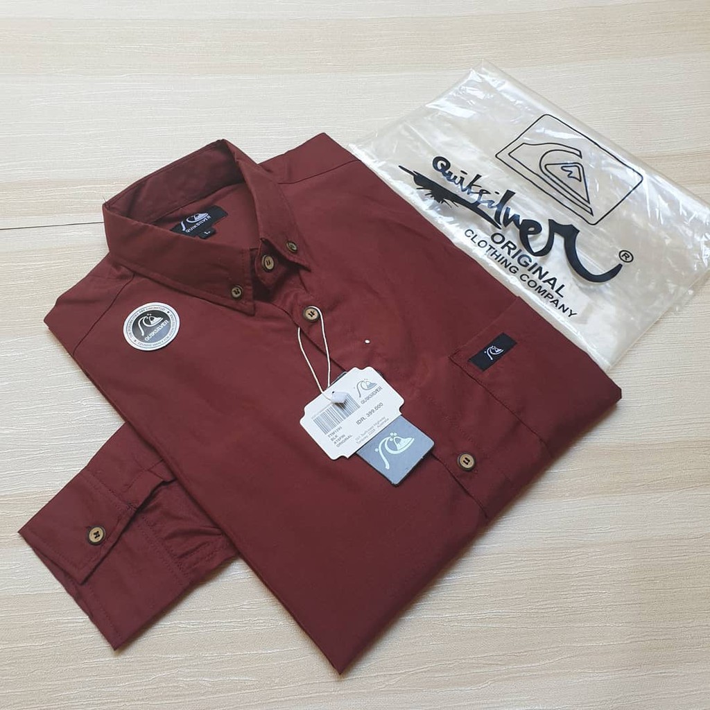 Kemeja Pria Casual Polos Lengan Panjang Oxford Maroon Solid Slimfit Murah