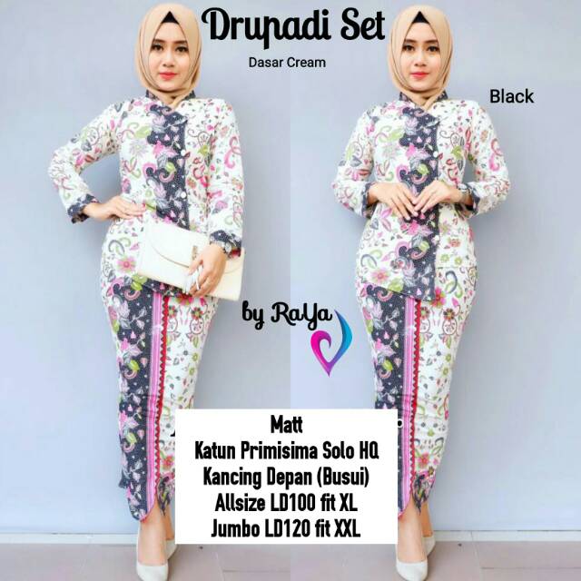 DRUPADI SET DASAR CREAM BLACK katun primisima Solo kebaya modern jumbo kebaya batik pengantin