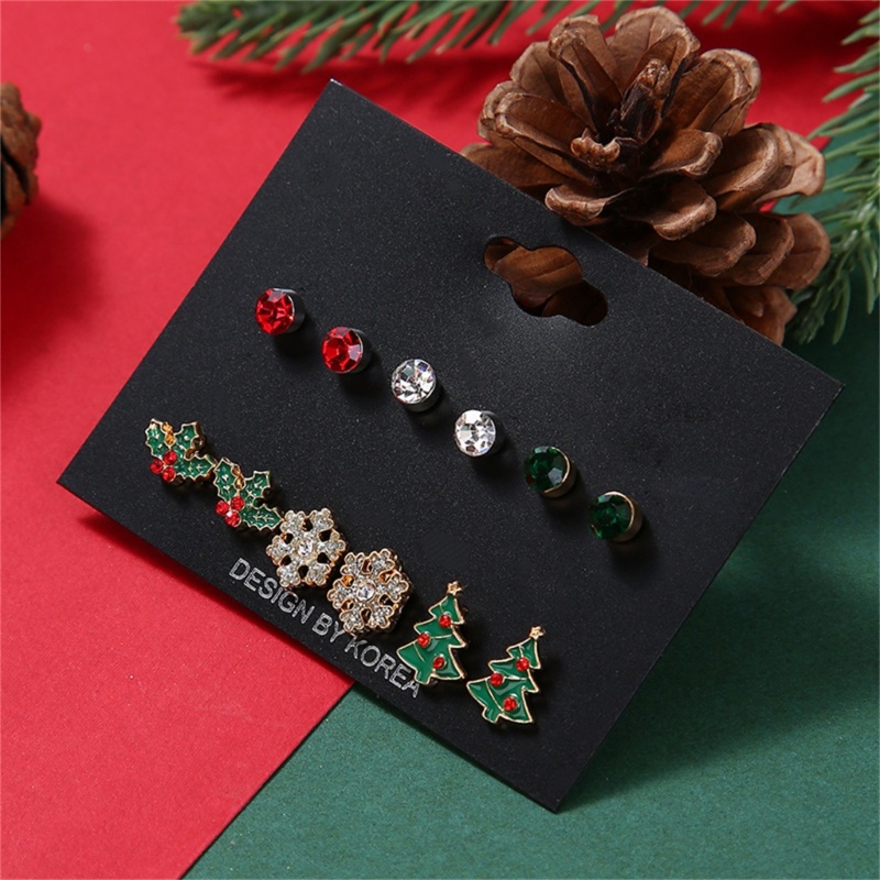 6 Pasang Anting Stud Handmade Bentuk Bola Snowflake Pohon Natal Untuk Wanita