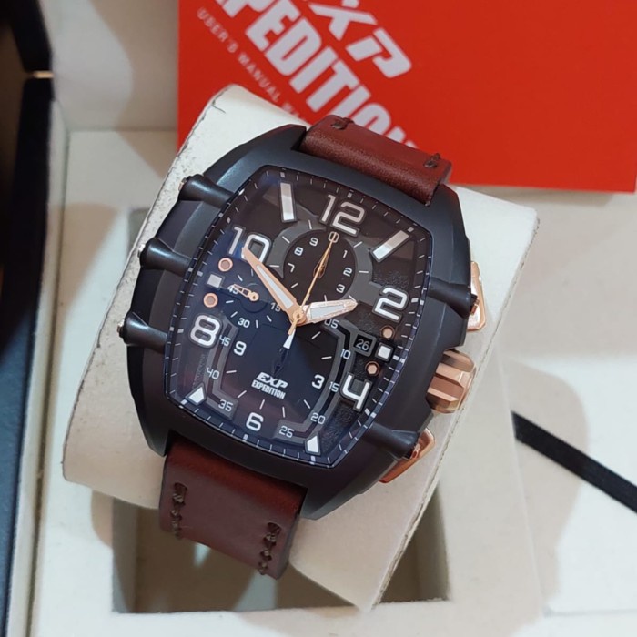 JAM TANGAN PRIA EXPEDITION 6822 E6822 BLACK ROSEGOLD LEATHER ORIGINAL