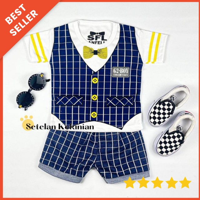 Baju Bayi Setelan Oblong Anak Laki Laki 3 - 18 bulan SNI / setelan baju bayi cowok tuxedo navy murah