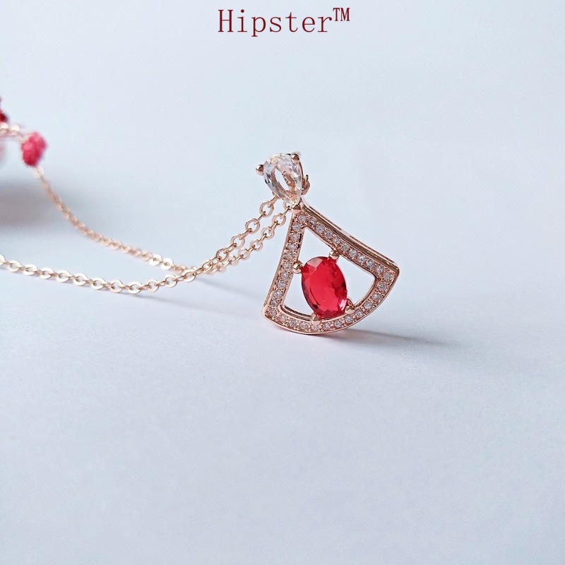 Retro Graceful Personality Fan-Shaped Ruby Pendant Full Diamond Light Luxury Hollow Necklace