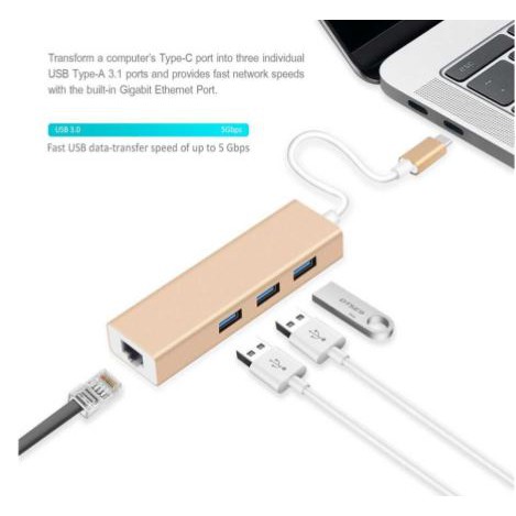 Usb Type-c to Usb 3.0 hub 3 port aluminum with rj45 lan 10/100Mbps ethernet adapter 4in1 for laptop macbook