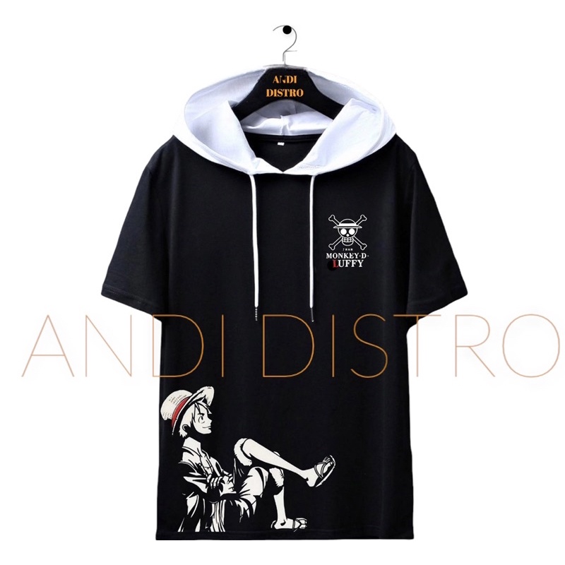 KAOS HODIE PRIA TERLARIS/KAOS DISTRO MURAH/KAOS HODIE ONE PIECE LUTFI  KOMBINASI  HITAM PUTIH TERBAR