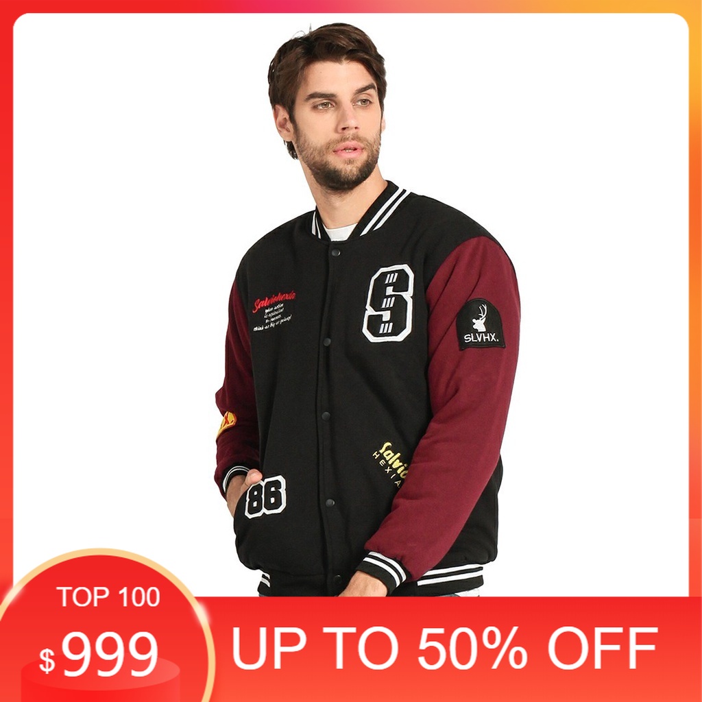 JAKET PRIA - JAKET VARSITY HITAM MAROON SALVIO HEXIA - JAKET VARSITY SALVIO HEXIA - JAKET VARSITY ZA