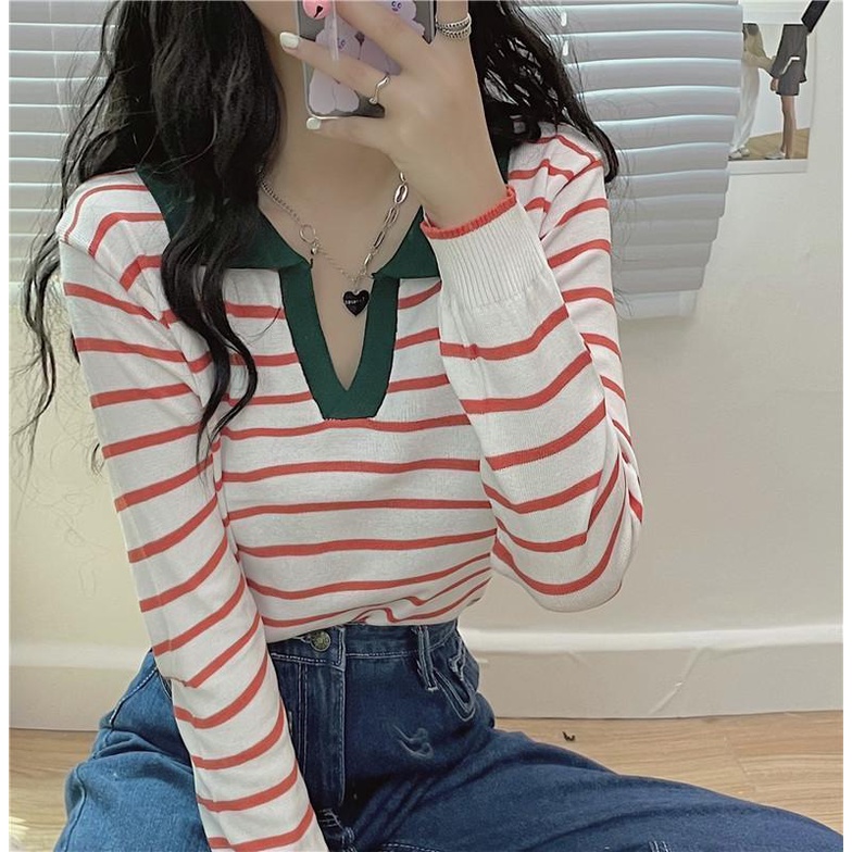 Kaos Rajut Stripe Atasan Wanita Rajut Korean Style Lengan Panjang Wanita Kaos Garis Garis Wanita