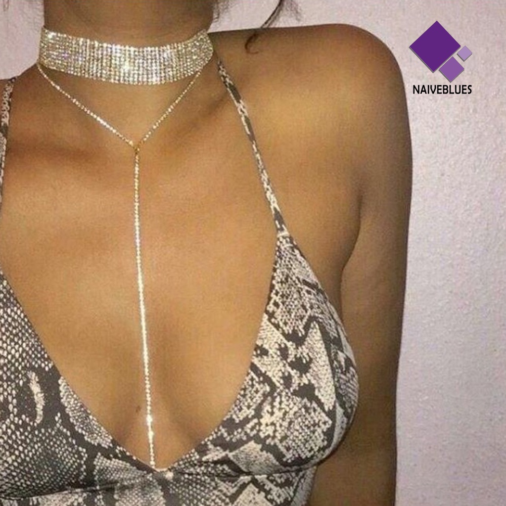 Kalung Rantai Multilayer Model Rumbai Aksen Berlian Imitasi Untuk Wanita