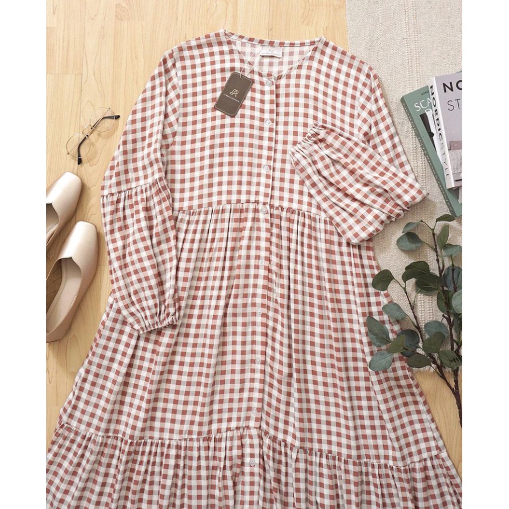 Ramdan Collection - Long Dress Korean Style Hayya Gingham Tunik Wanita Kotak Kotak