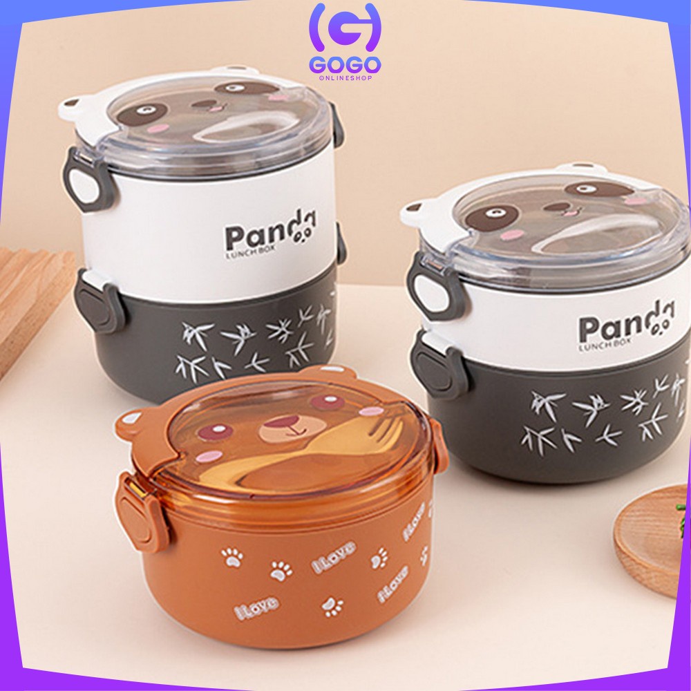 GOGO-C690 Tempat Makan Lunch Box Set Bulat 2 Tingkat Motif Panda Beruang Lucu Dengan Sendok / Kotak Bekal Anti Tumpah Portable Set BPA FREE