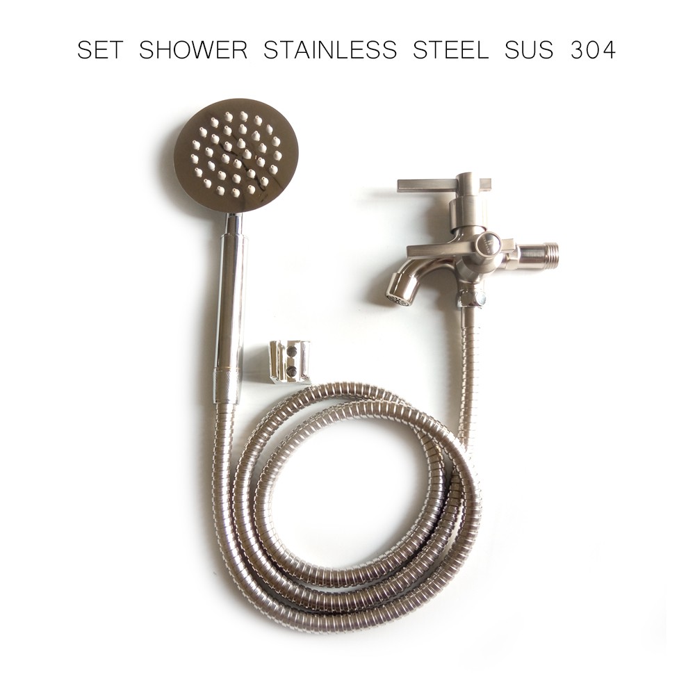 Paket Shower Stainless Bulat Pancuran Air Deras + Kran Cabang Shower Stainless 1/2 inch