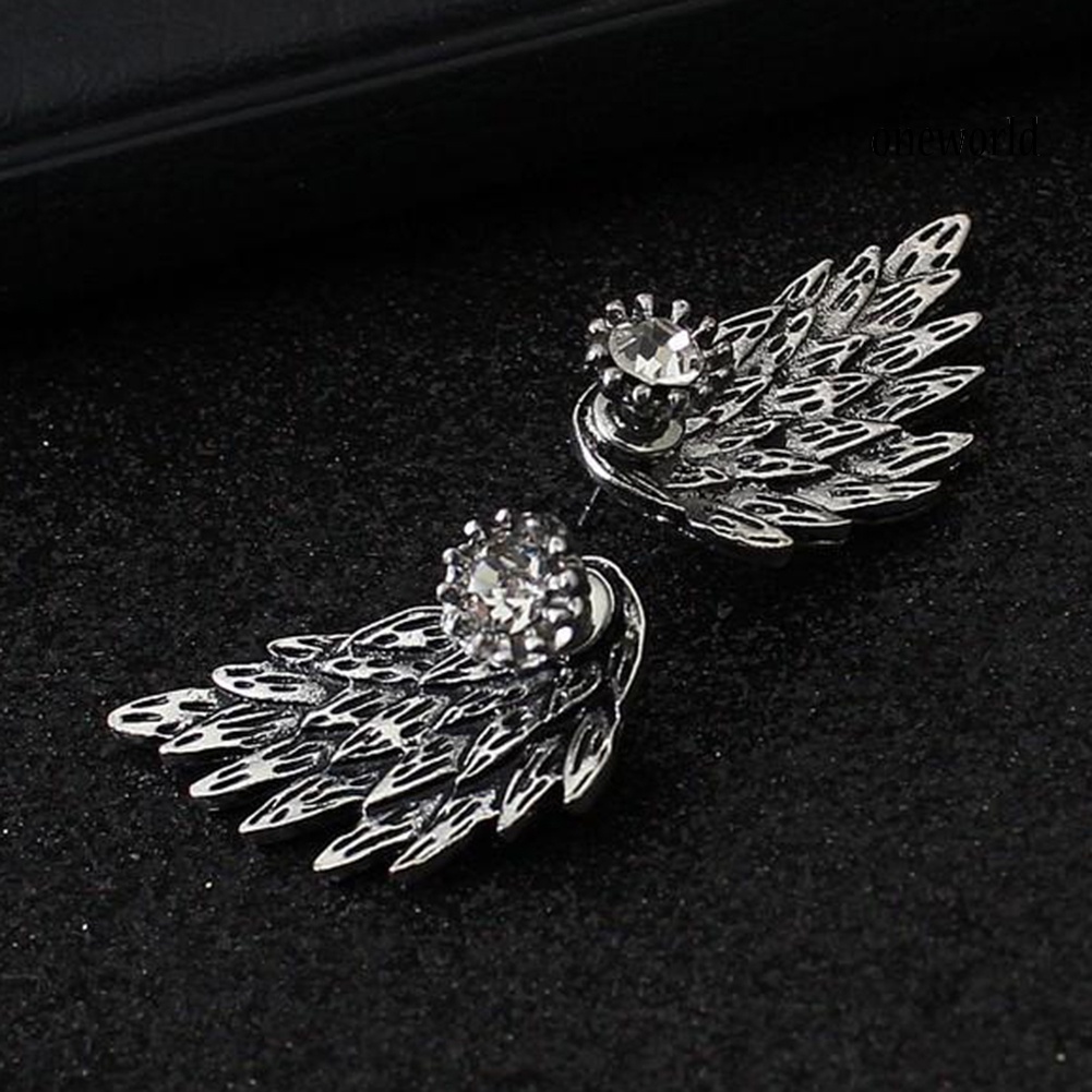 OW@ Women Fashion Angel Wing Rhinestone Inlaid Ear Jacket Stud Earrings Jewelry Gift