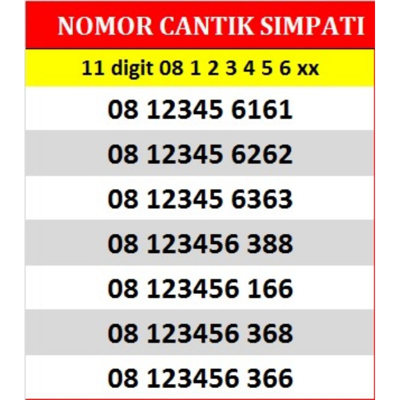 NOMOR CANTIK SIMPATI 11 DIGIT 0812345 6161,6262,6363,388,368,166