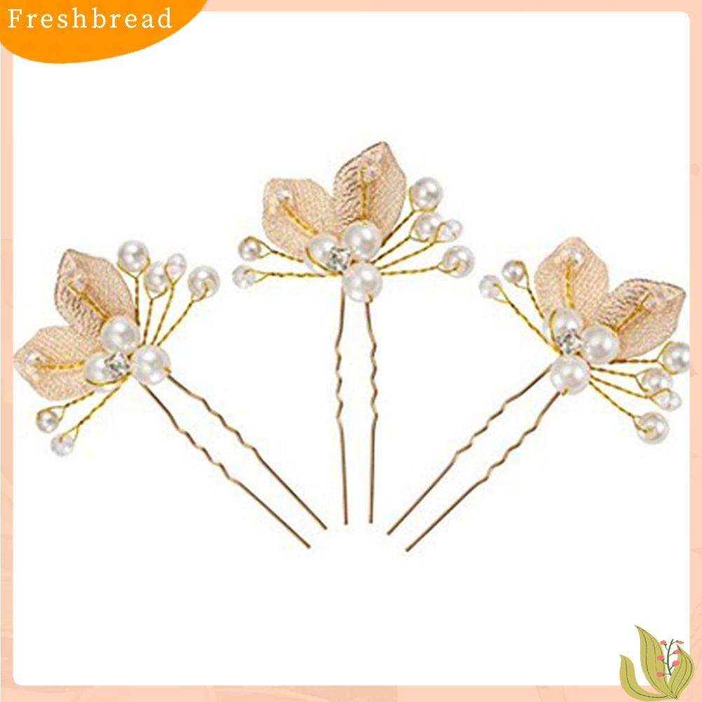 【Fresh】Bridal Wedding U Shape Leaf Rhinestone Faux Pearl Hair Stick Hairpins Gifts