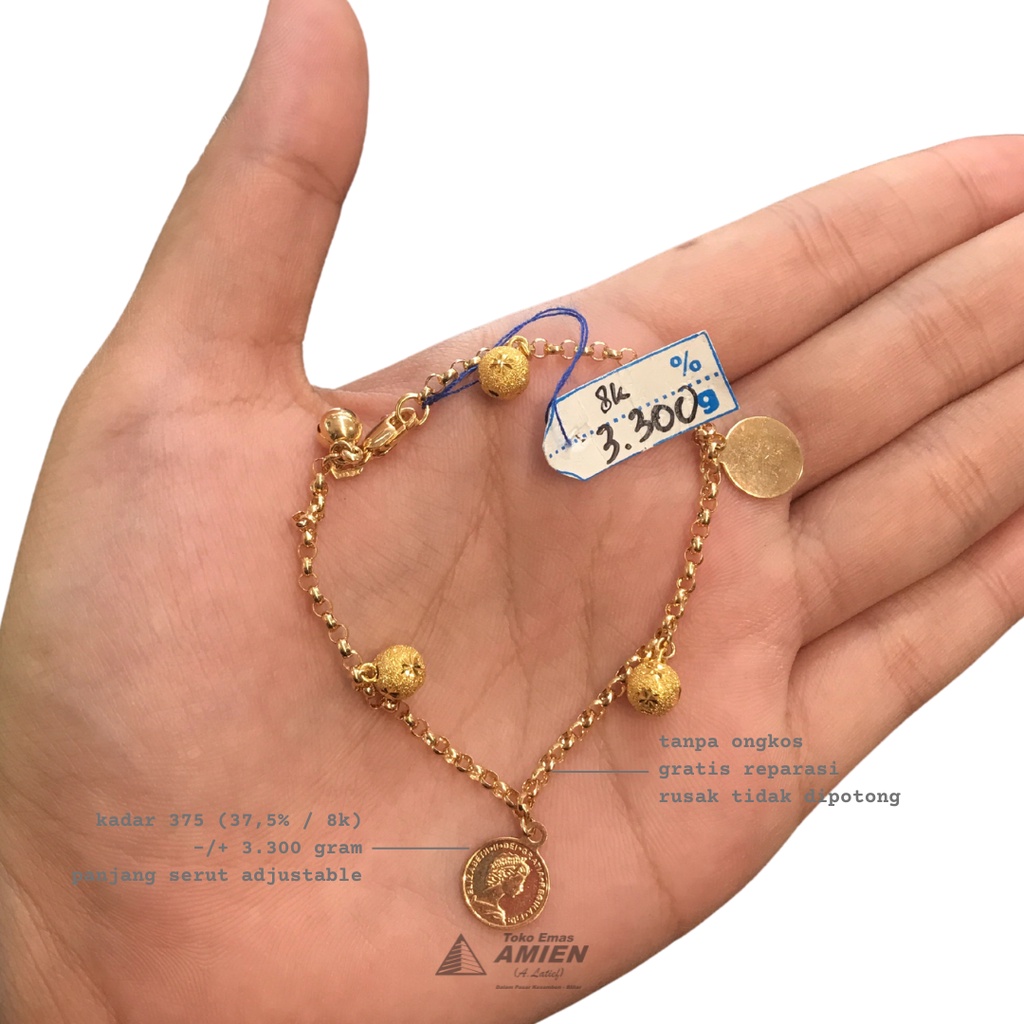 Toko Emas Amien Gelang Emas Asli Kadar 375 (37,5% / 8K) 3.300 Gram - Bracelet Bola Dior Pasir Koin