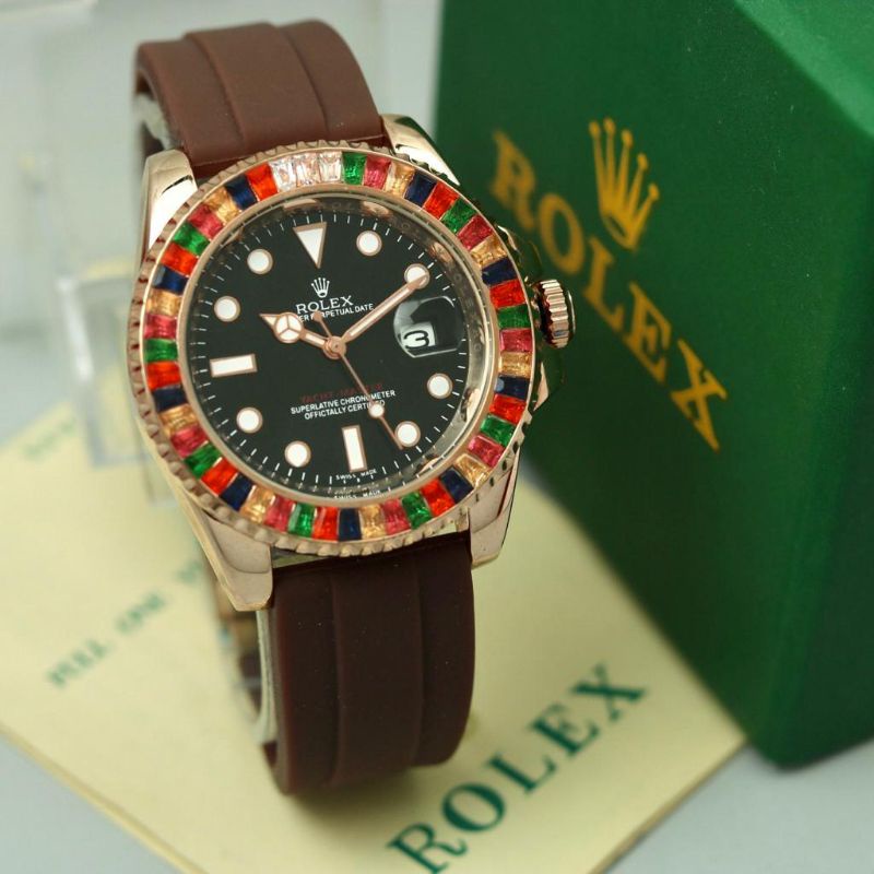 Free Box & Kartu  Jam Tangan Rolex Diamond Pelangi WanitaTerbaru Tali Rubber
