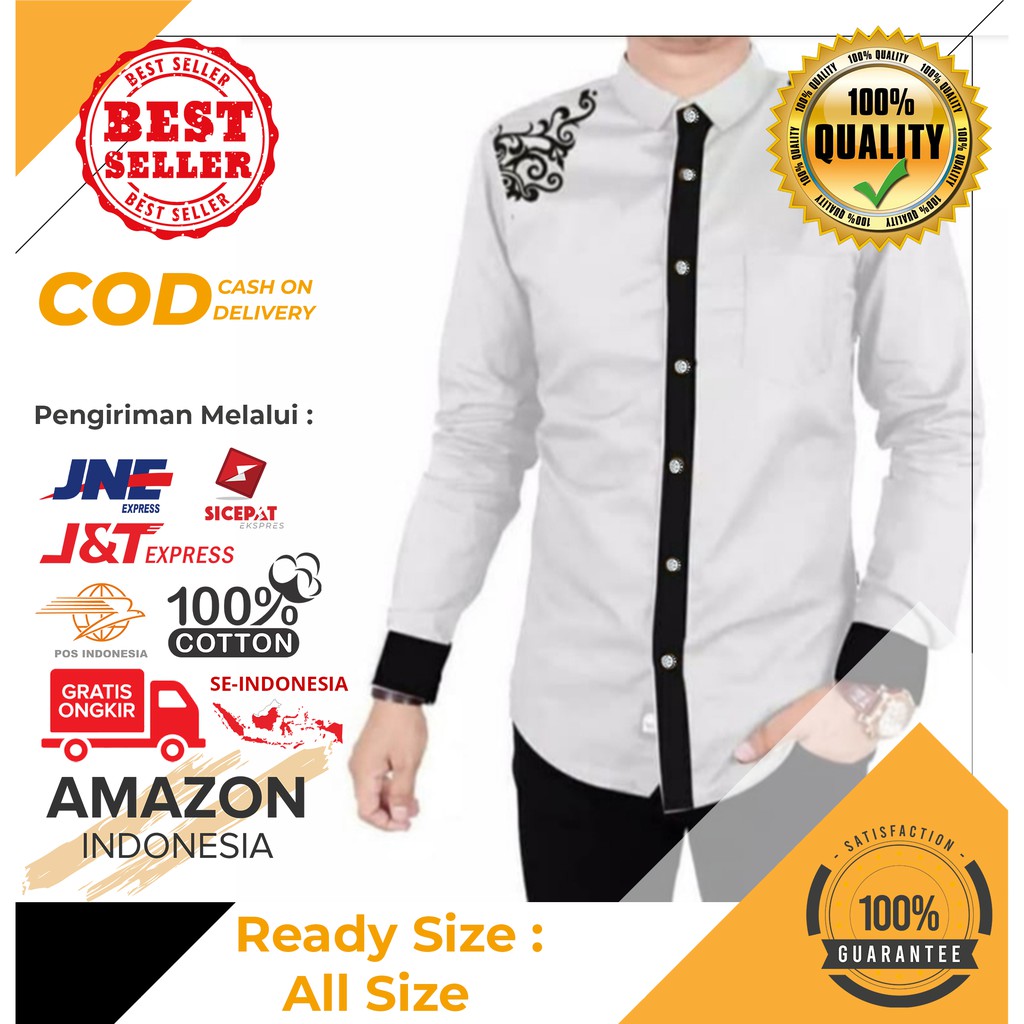 ATASAN MUSLIM PRIA BAJU KOKO WARNA WHITE PUTIH BAHAN KATUN STRETCH LENGAN PANJANG STYLE CASUAL ORI