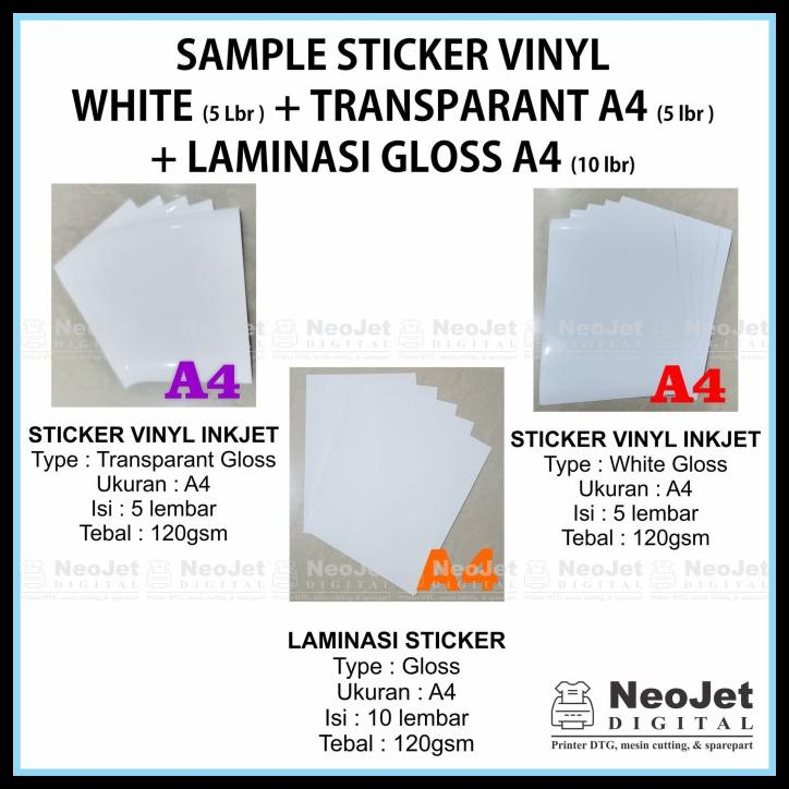 

Sample Sticker Vinyl Inkjet White + Transparan + Laminasi Glossy A4