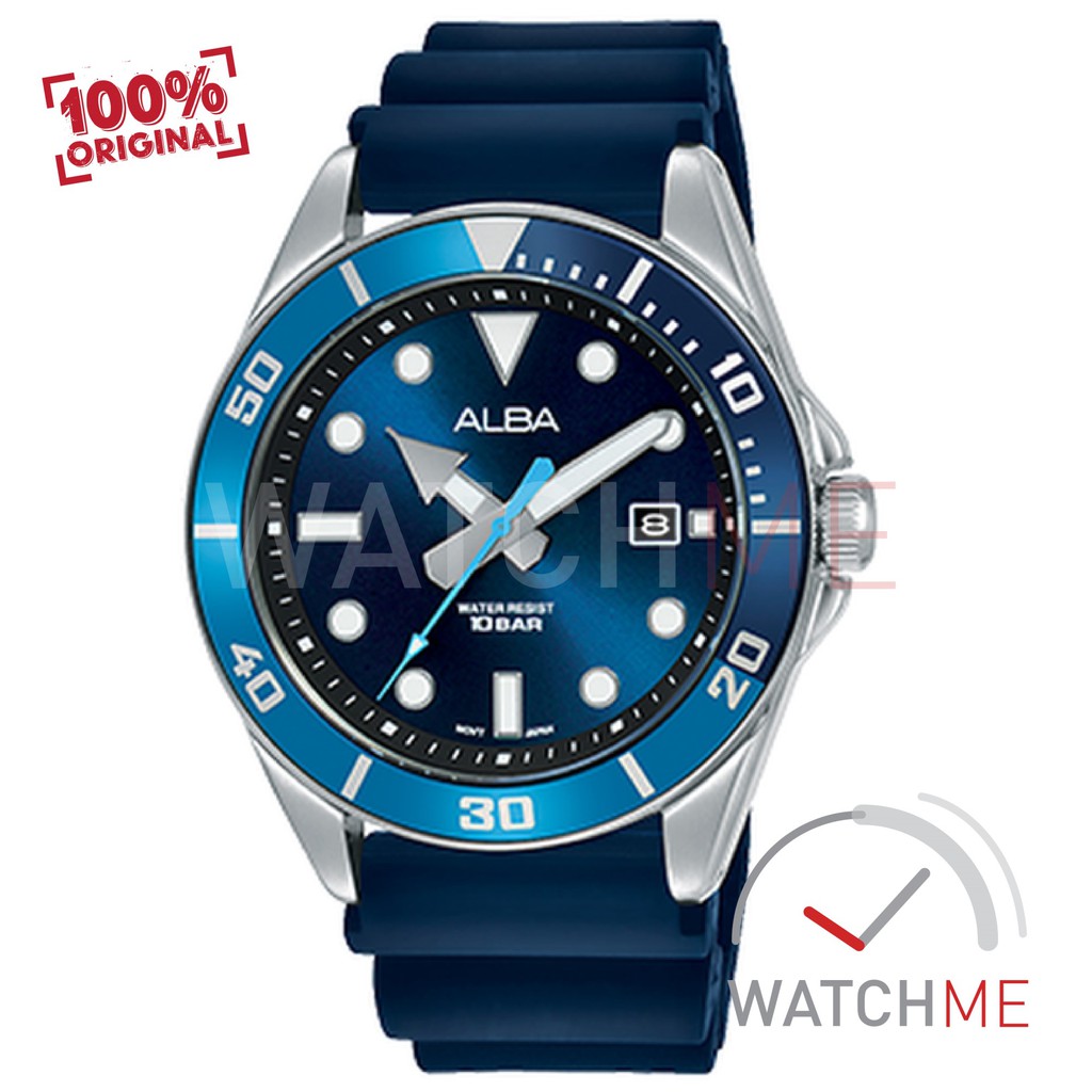 Jam Tangan Pria Alba Analog AG8K19X1 Blue Dial 100m Blue Rubber Strap Original Garansi Murah