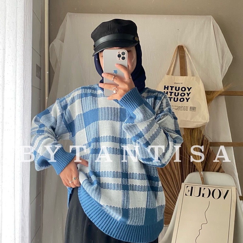 SWEATER RAJUT V NECK LIDYA SQUARE GARIS | BLOUSE RAJUT