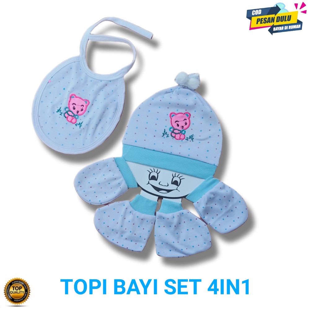 Topi Set 4in1 Kupluk Baby New Born Lucu Kaos Kaki Perlengkapan Bayi Baru Lahir Murah Aksesoris Motif