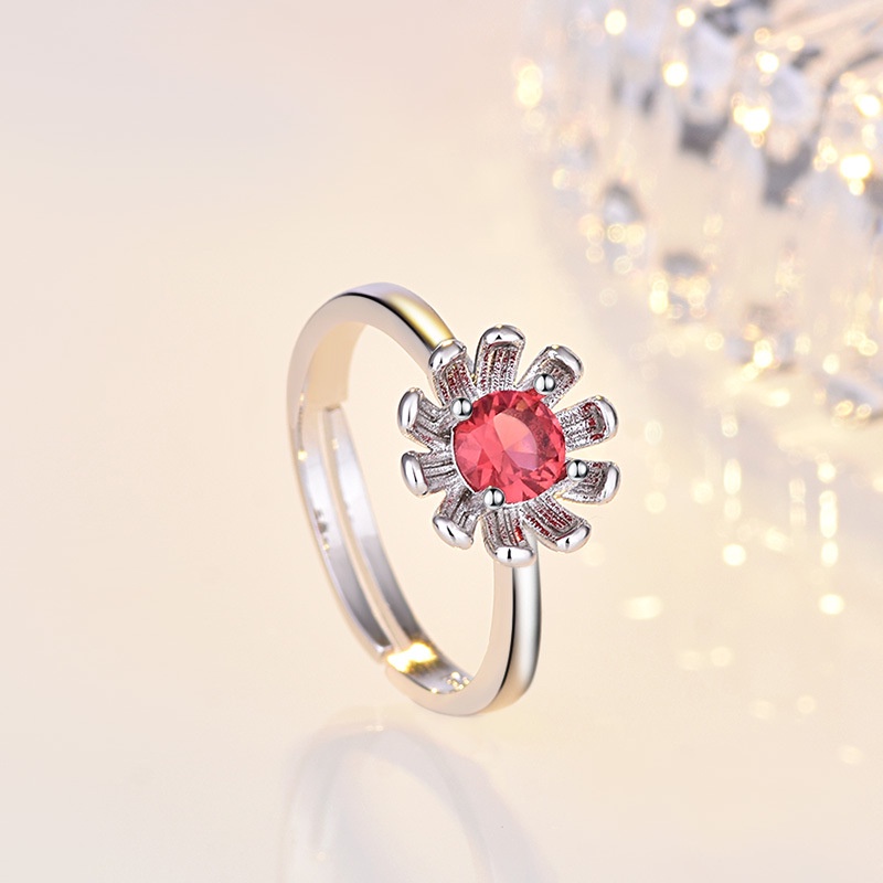 Cincin 925 Silver Desain Bunga Pandora Ruby Cubic Zirconia Diamond Ukuran Adjustable Untuk Pernikahan