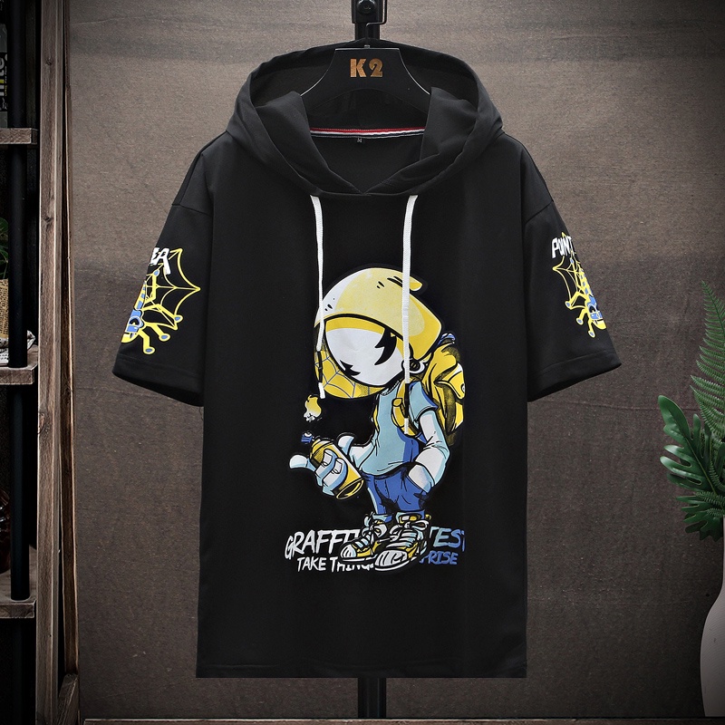 Kaos Hoodie Lengan Pendek Aneka Warna Motif Bordir Kartun dan Tulisan untuk Pria T2161