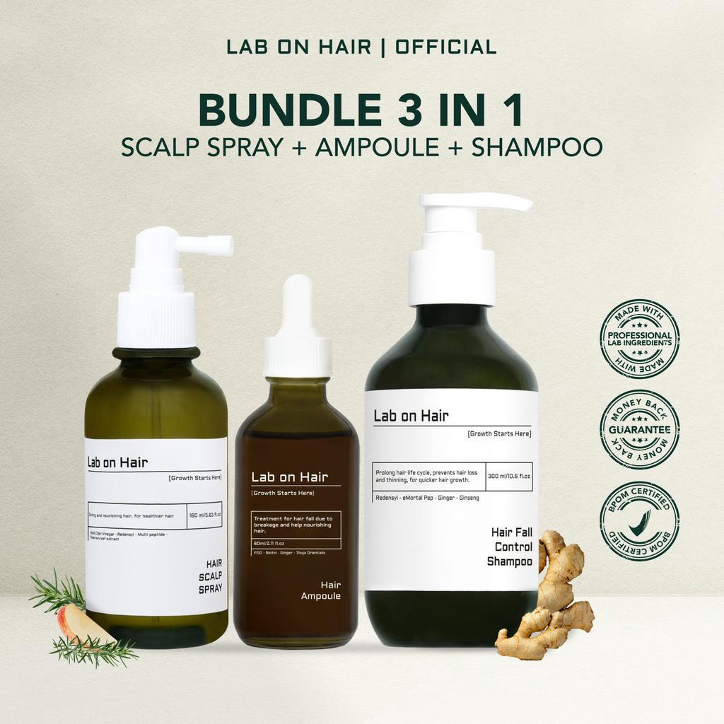 	 Lab On Hair Bundle 3in1 Anti Hair Fall Shampoo + Scalp Spray + Ampoule - Paket Shampo Serum Spray Untuk Mengatasi Rambut Rontok dan Masalah Kebotakan	
