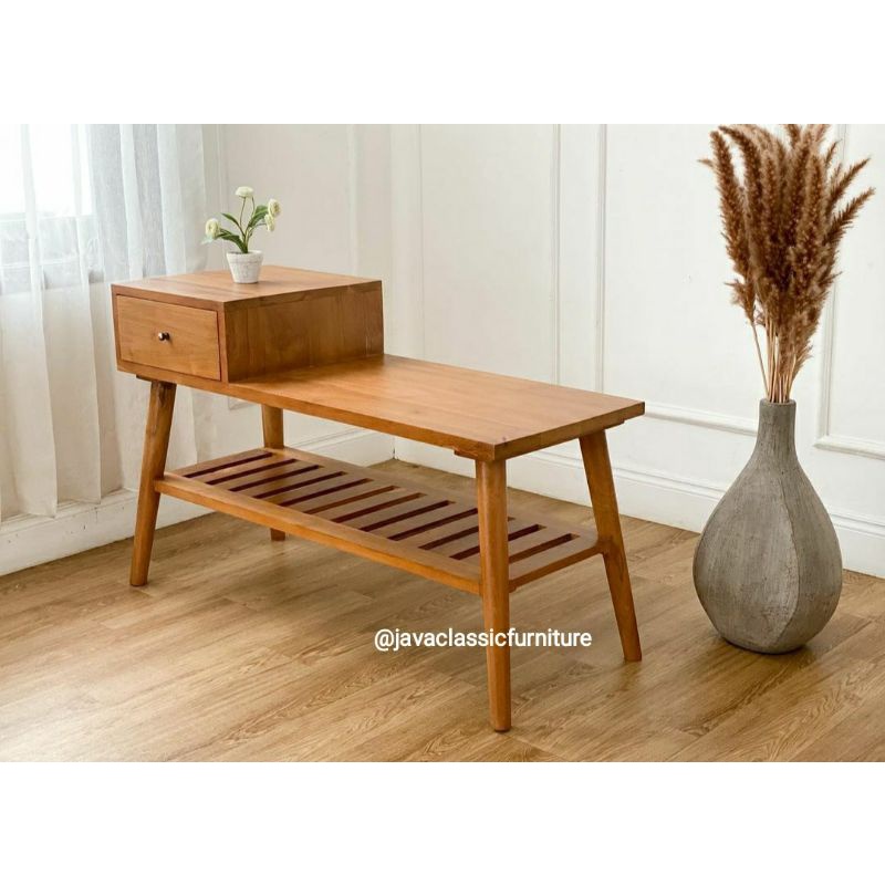 BANGKU DUDUK JOK KOMBINASI NAKAS TEMPAT PENYIMPANAN RAK SEPATU SERBAGUNA MINIMALIS VINTAGE BAHAN KAYU JATI TUA KUALITAS EXPORT FURNITURE JEPARA-1
