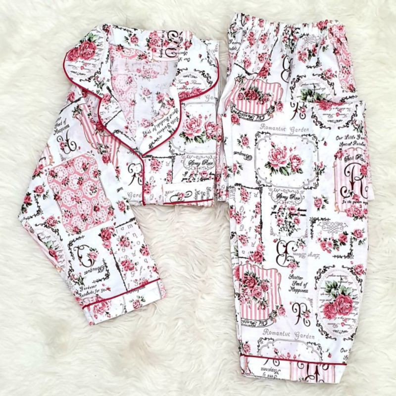 Baju tidur wanita piyama PP bahan soft katun adem lembut all size-Bunga pink