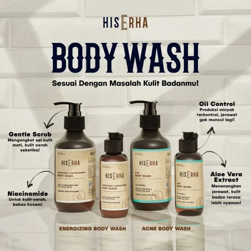 HISERHA Body Wash / Acne Body Wash / Energizing &amp; Brightening Body Wash / Sabun Mandi Pria - JB